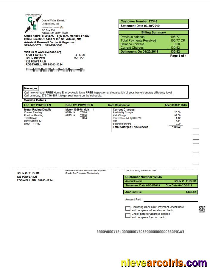 USA New Mexico electricity proof of address utility bill